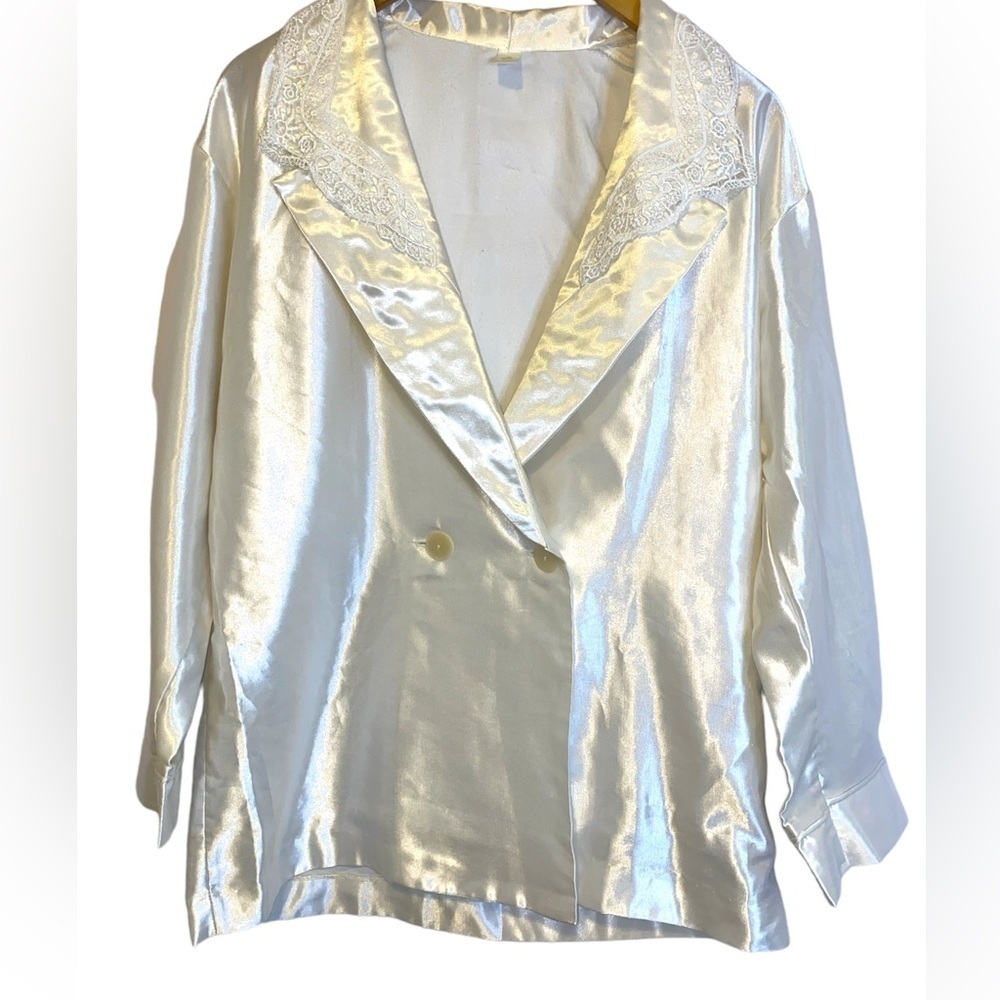 Victoria Secret Gold Label Vintage White Silky Satin Sleep Blazer Top Size S